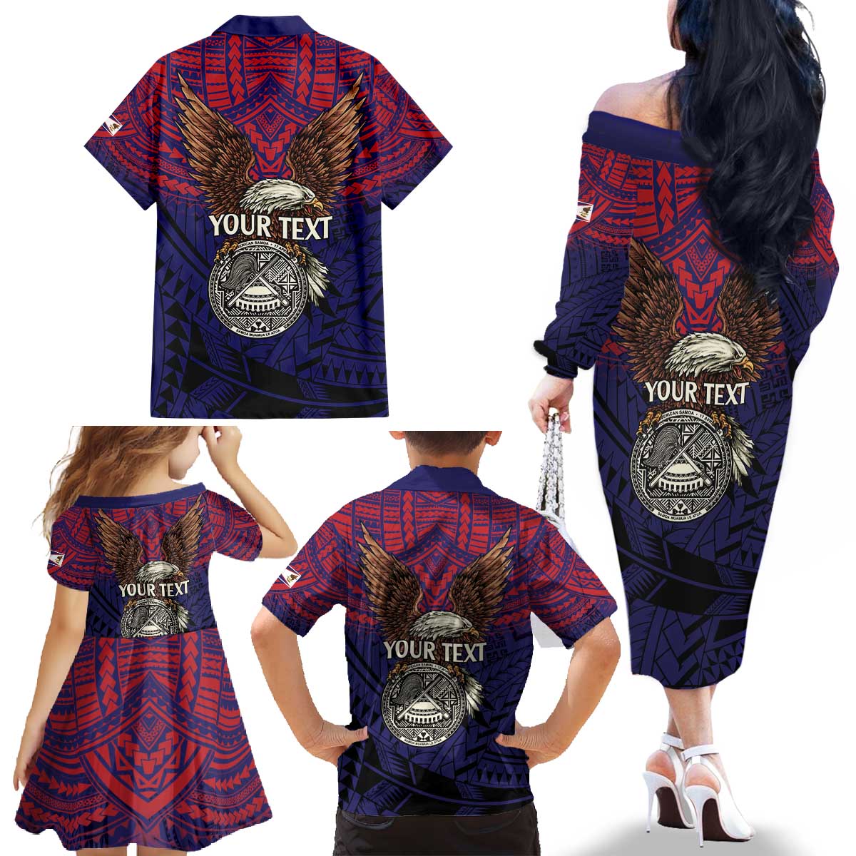 American Samoa Brave Eagle Personalized Family Matching Off The Shoulder Long Sleeve Dress and Hawaiian Shirt National Flag Color LT9 - Polynesian Pride