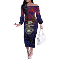 American Samoa Brave Eagle Personalized Family Matching Off The Shoulder Long Sleeve Dress and Hawaiian Shirt National Flag Color LT9 Mom's Dress Blue - Polynesian Pride