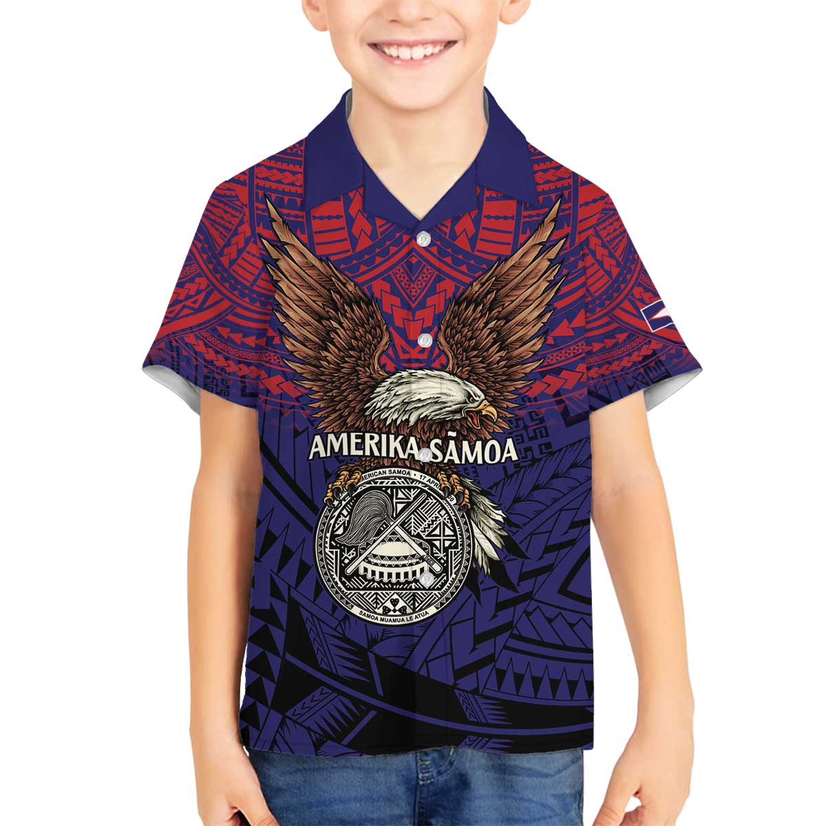 American Samoa Brave Eagle Personalized Family Matching Off The Shoulder Long Sleeve Dress and Hawaiian Shirt National Flag Color LT9 Son's Shirt Blue - Polynesian Pride