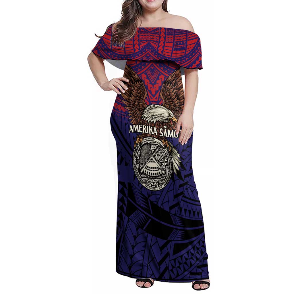 American Samoa Brave Eagle Personalized Family Matching Off Shoulder Maxi Dress and Hawaiian Shirt National Flag Color LT9 Mom's Dress Blue - Polynesian Pride