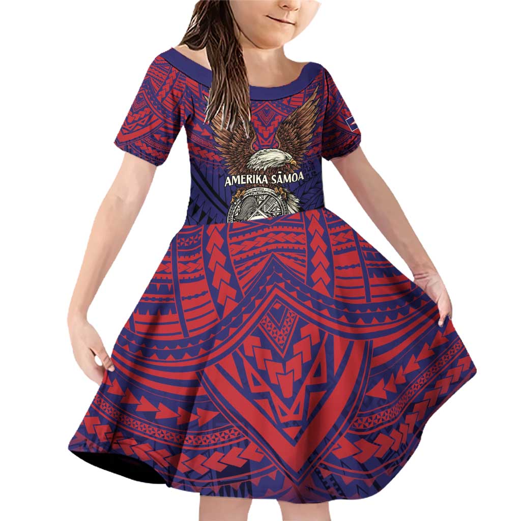 American Samoa Brave Eagle Personalized Family Matching Off Shoulder Short Dress and Hawaiian Shirt National Flag Color LT9 Daughter's Dress Blue - Polynesian Pride