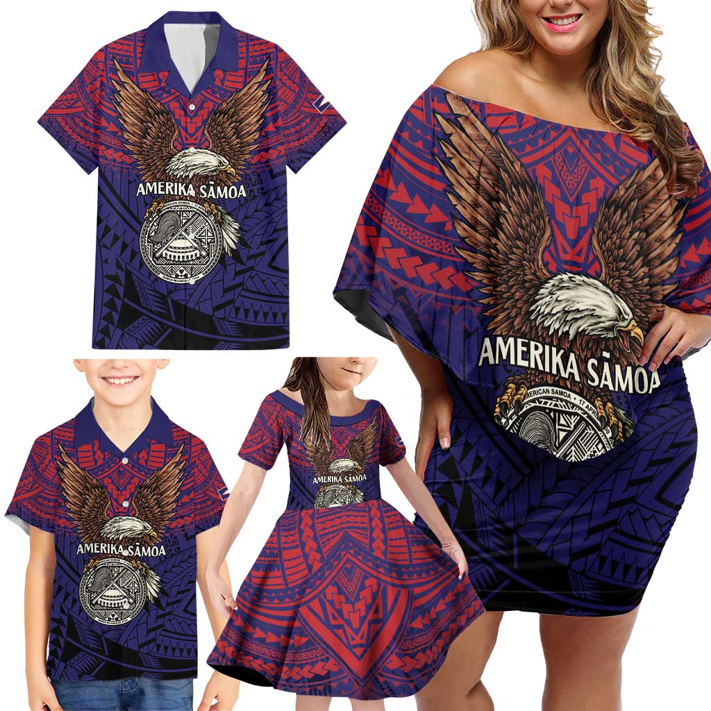 American Samoa Brave Eagle Personalized Family Matching Off Shoulder Short Dress and Hawaiian Shirt National Flag Color LT9 - Polynesian Pride