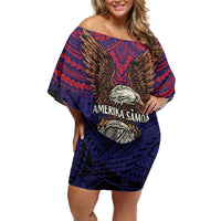 American Samoa Brave Eagle Personalized Family Matching Off Shoulder Short Dress and Hawaiian Shirt National Flag Color LT9 Mom's Dress Blue - Polynesian Pride