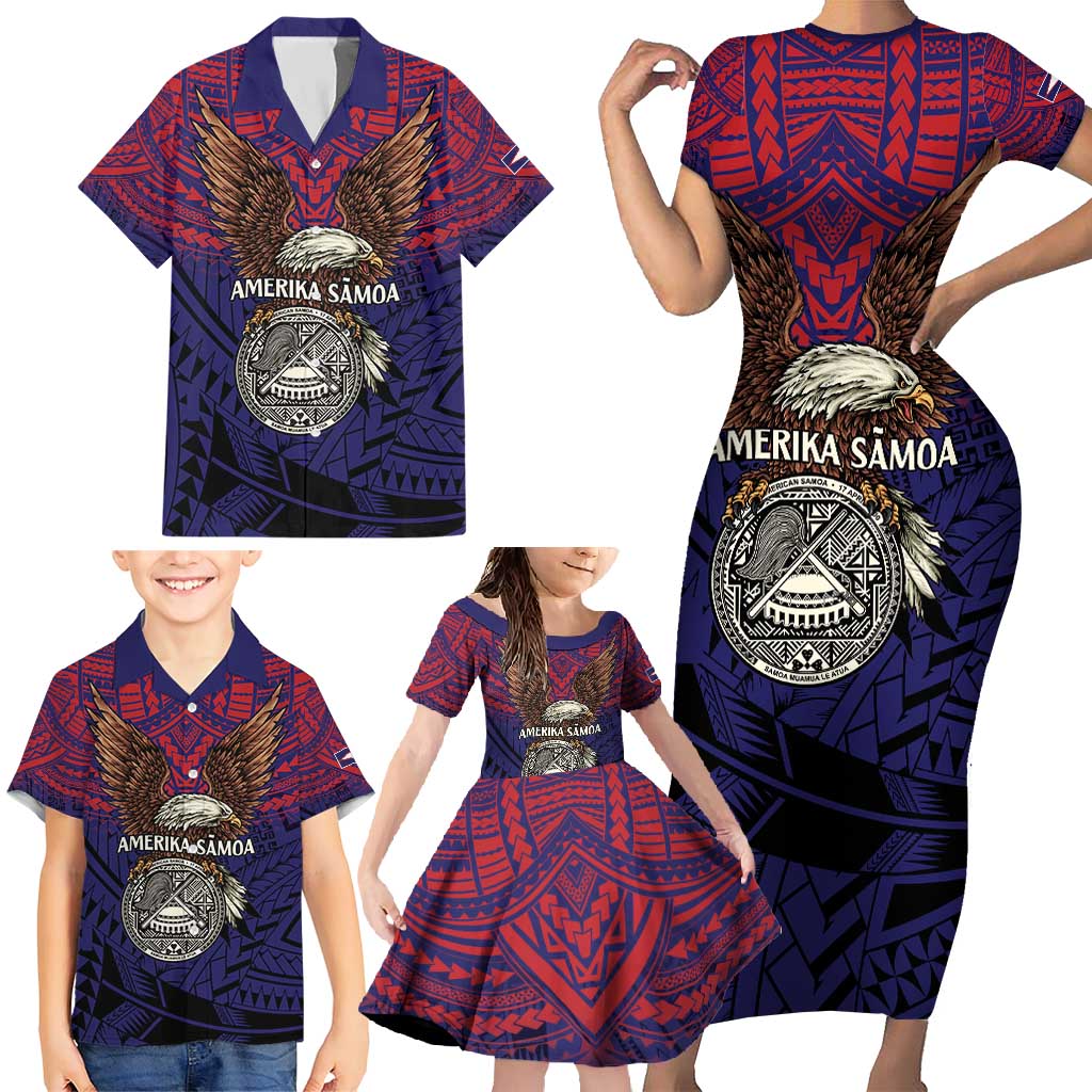 American Samoa Brave Eagle Personalized Family Matching Short Sleeve Bodycon Dress and Hawaiian Shirt National Flag Color LT9 - Polynesian Pride