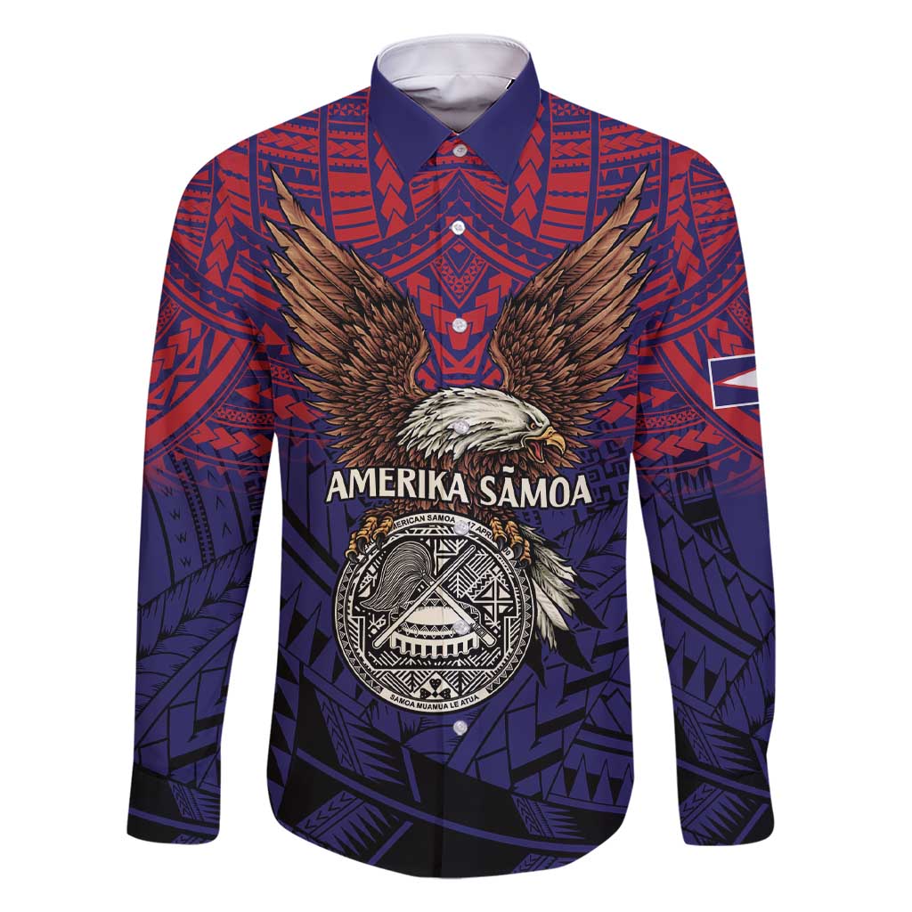 American Samoa Brave Eagle Personalized Family Matching Short Sleeve Bodycon Dress and Hawaiian Shirt National Flag Color LT9 Dad's Shirt - Long Sleeve Blue - Polynesian Pride