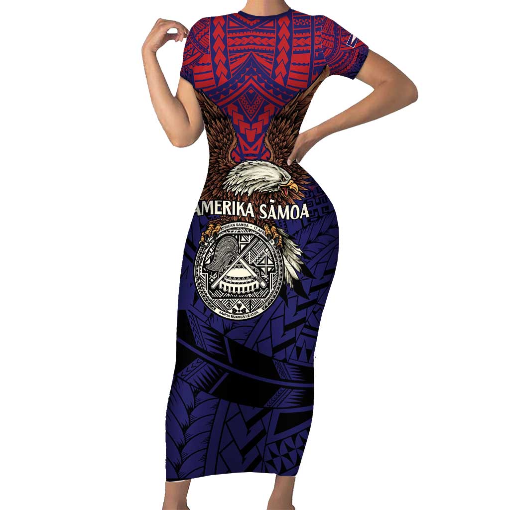 American Samoa Brave Eagle Personalized Family Matching Short Sleeve Bodycon Dress and Hawaiian Shirt National Flag Color LT9 Mom's Dress Blue - Polynesian Pride