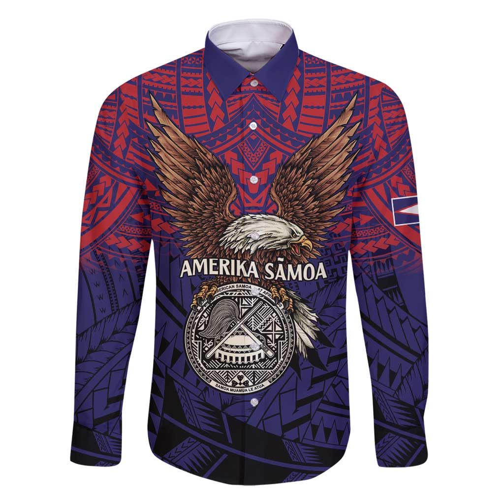 American Samoa Brave Eagle Personalized Family Matching Tank Maxi Dress and Hawaiian Shirt National Flag Color LT9 Dad's Shirt - Long Sleeve Blue - Polynesian Pride