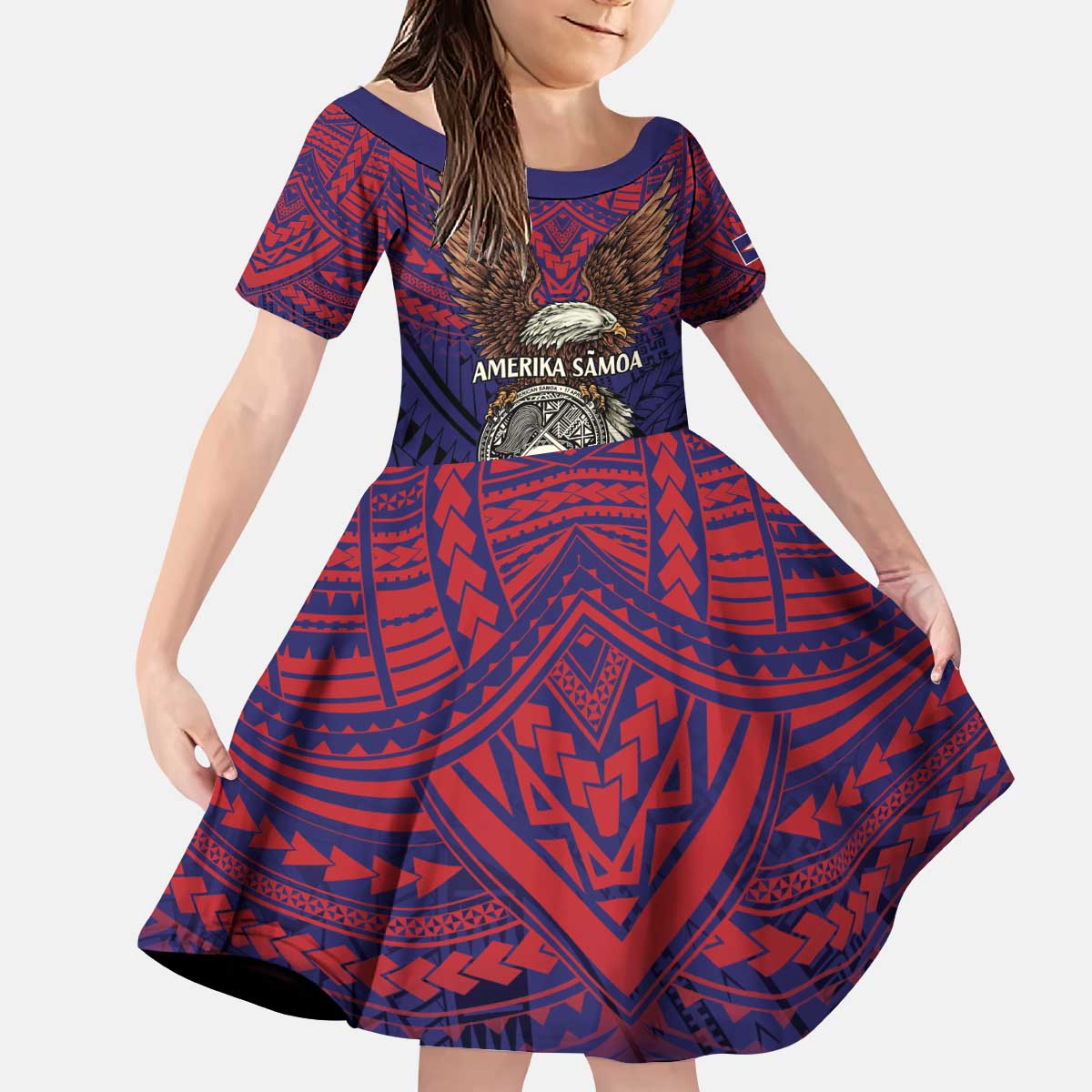 American Samoa Brave Eagle Personalized Kid Short Sleeve Dress National Flag Color LT9 KID Blue - Polynesian Pride