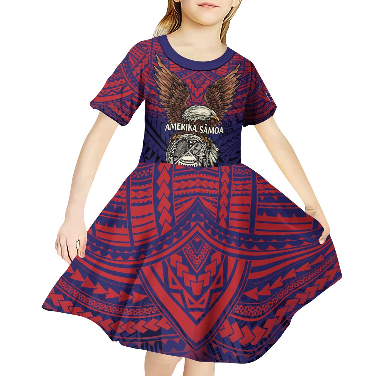 American Samoa Brave Eagle Personalized Kid Short Sleeve Dress National Flag Color LT9 - Polynesian Pride