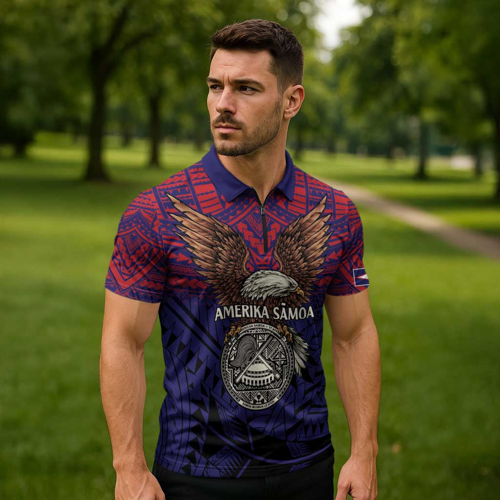 American Samoa Brave Eagle Personalized Zipper Polo Shirt National Flag Color LT9 - Polynesian Pride