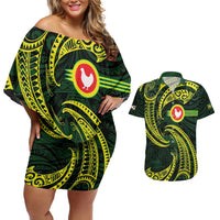 American Samoa Manua Cession Day Personalized Couples Matching Off Shoulder Short Dress and Hawaiian Shirt Polynesian Wave Style LT9 Green - Polynesian Pride