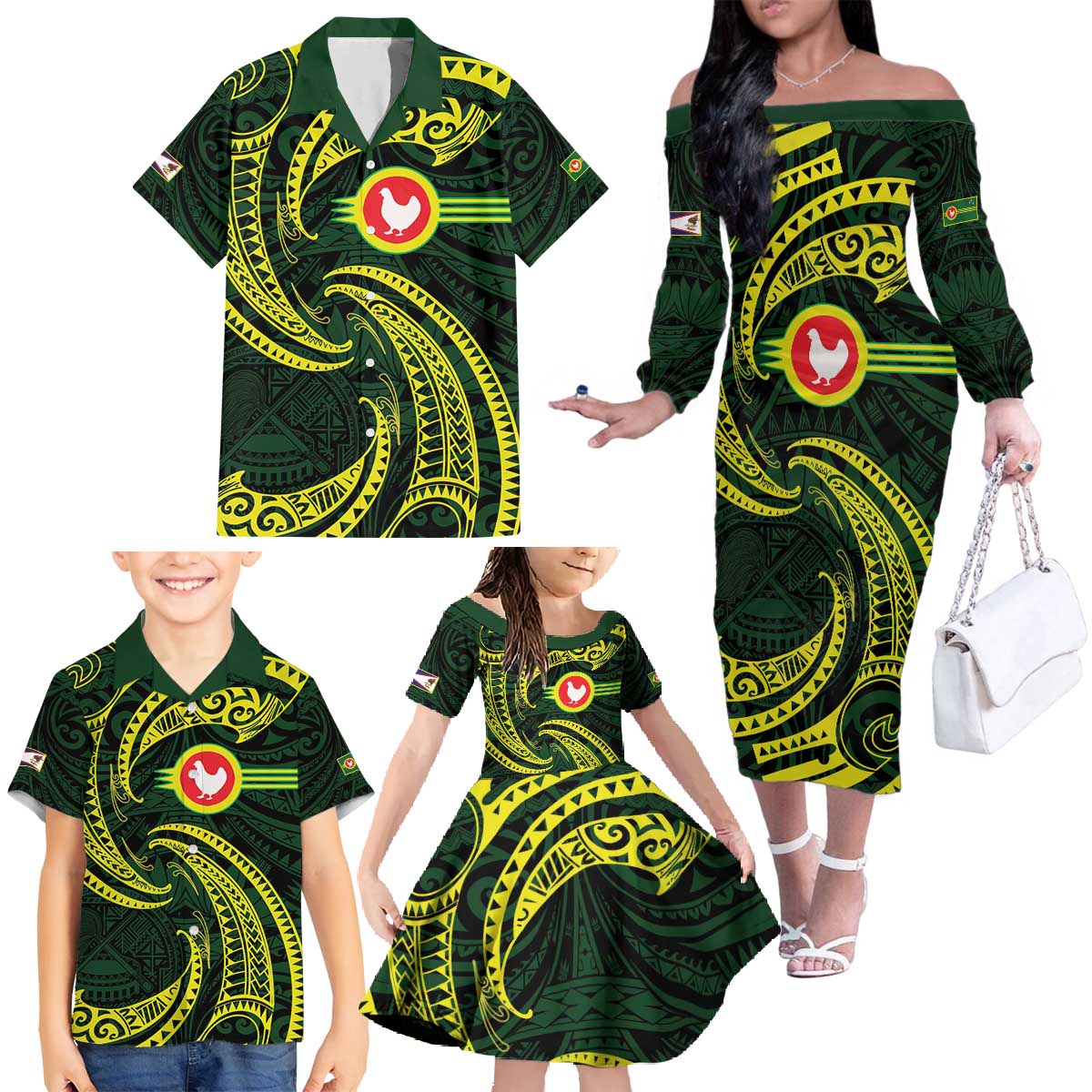 American Samoa Manua Cession Day Personalized Family Matching Off The Shoulder Long Sleeve Dress and Hawaiian Shirt Polynesian Wave Style LT9 - Polynesian Pride