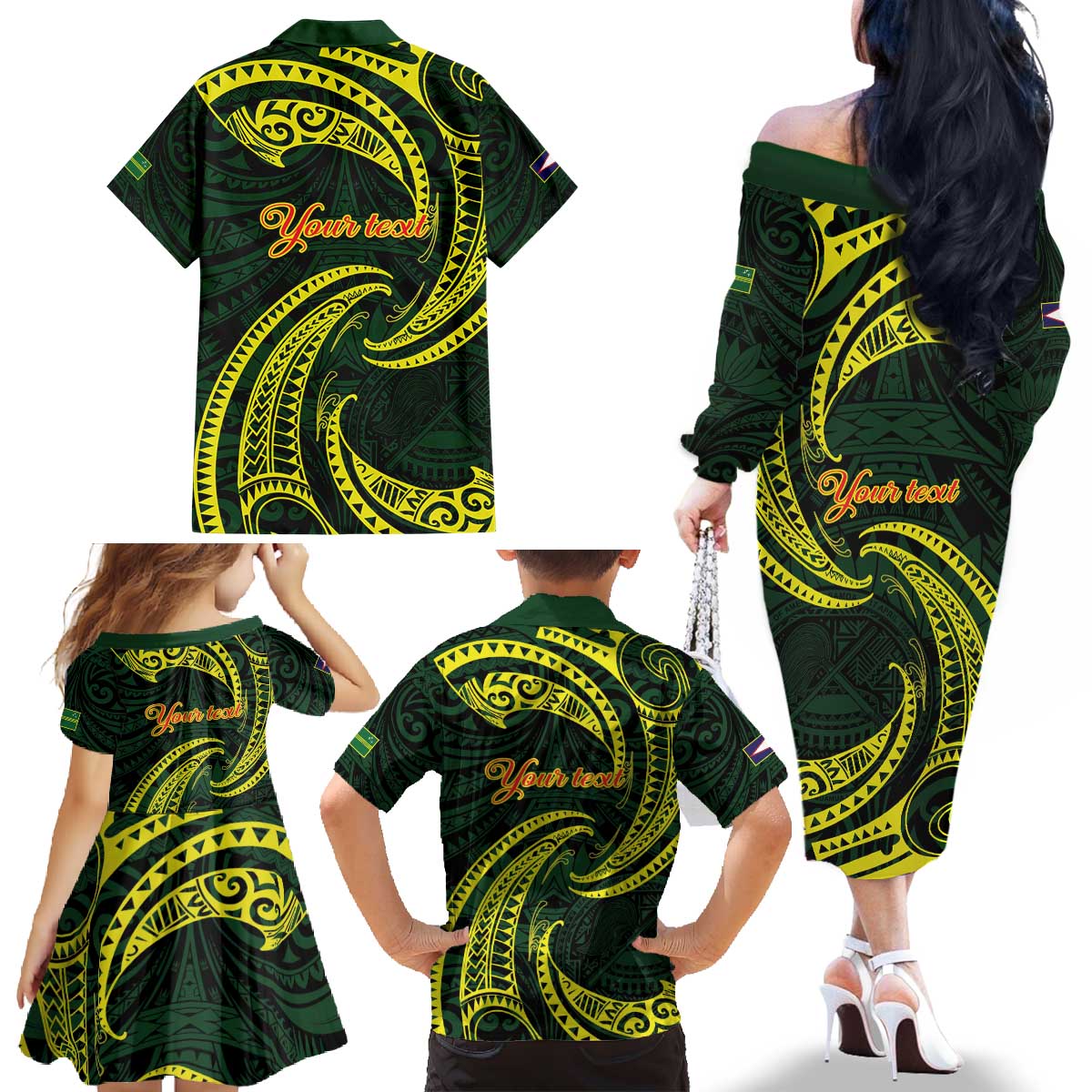 American Samoa Manua Cession Day Personalized Family Matching Off The Shoulder Long Sleeve Dress and Hawaiian Shirt Polynesian Wave Style LT9 - Polynesian Pride