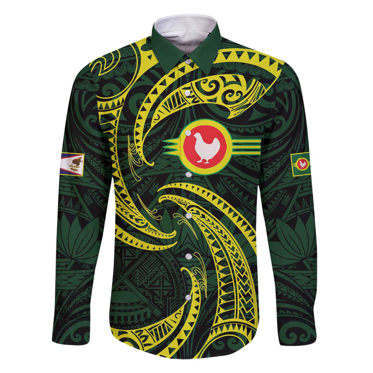 American Samoa Manua Cession Day Personalized Family Matching Off The Shoulder Long Sleeve Dress and Hawaiian Shirt Polynesian Wave Style LT9 Dad's Shirt - Long Sleeve Green - Polynesian Pride