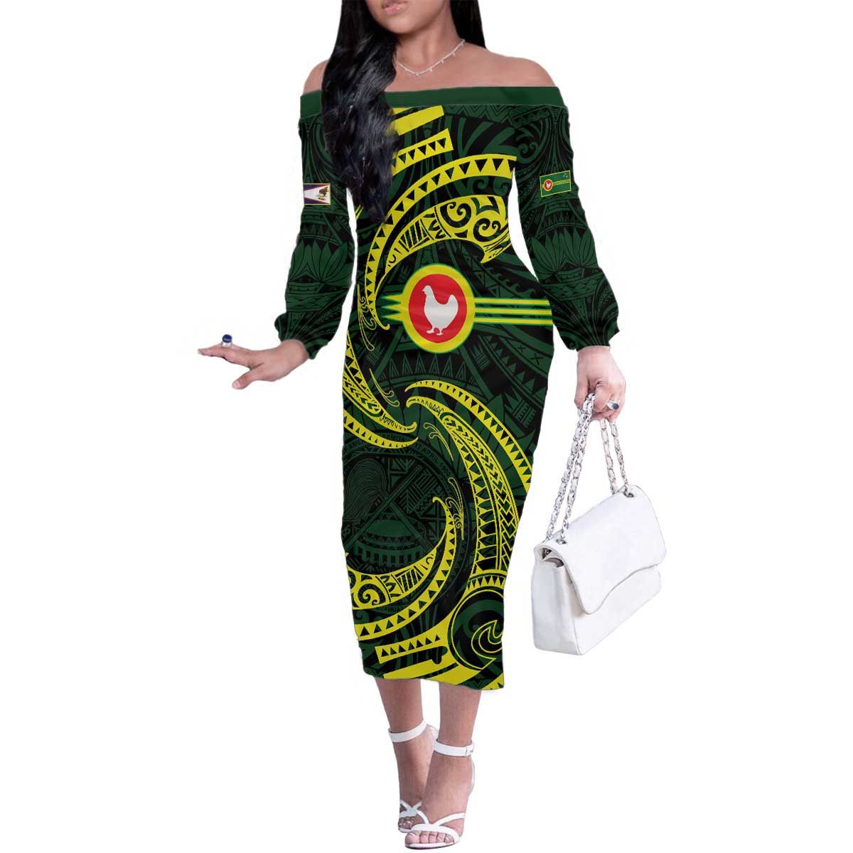 American Samoa Manua Cession Day Personalized Family Matching Off The Shoulder Long Sleeve Dress and Hawaiian Shirt Polynesian Wave Style LT9 Mom's Dress Green - Polynesian Pride