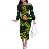 American Samoa Manua Cession Day Personalized Family Matching Off The Shoulder Long Sleeve Dress and Hawaiian Shirt Polynesian Wave Style LT9 Mom's Dress Green - Polynesian Pride