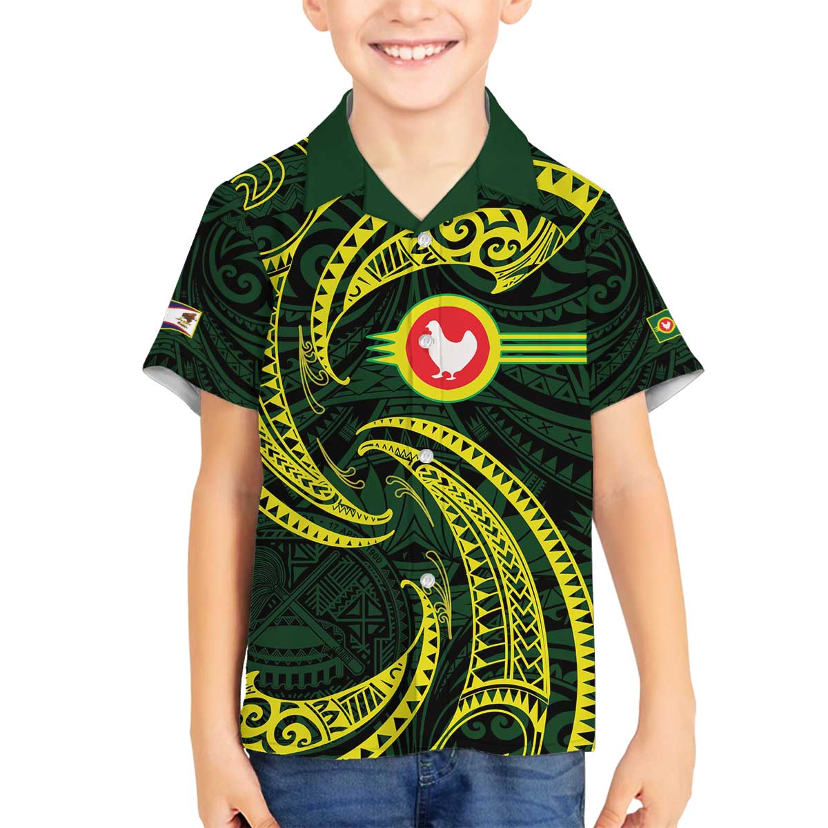American Samoa Manua Cession Day Personalized Family Matching Off The Shoulder Long Sleeve Dress and Hawaiian Shirt Polynesian Wave Style LT9 Son's Shirt Green - Polynesian Pride