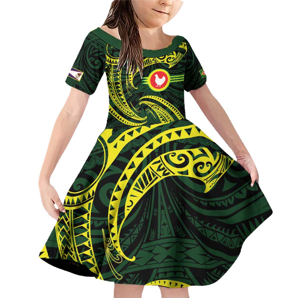 American Samoa Manua Cession Day Personalized Family Matching Off Shoulder Short Dress and Hawaiian Shirt Polynesian Wave Style LT9 Daughter's Dress Green - Polynesian Pride
