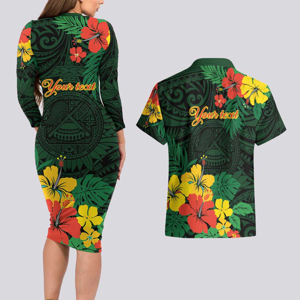 American Samoa Manu'atele Personalized Couples Matching Long Sleeve Bodycon Dress and Hawaiian Shirt Manua Island Hibiscus Flowers LT9 - Polynesian Pride