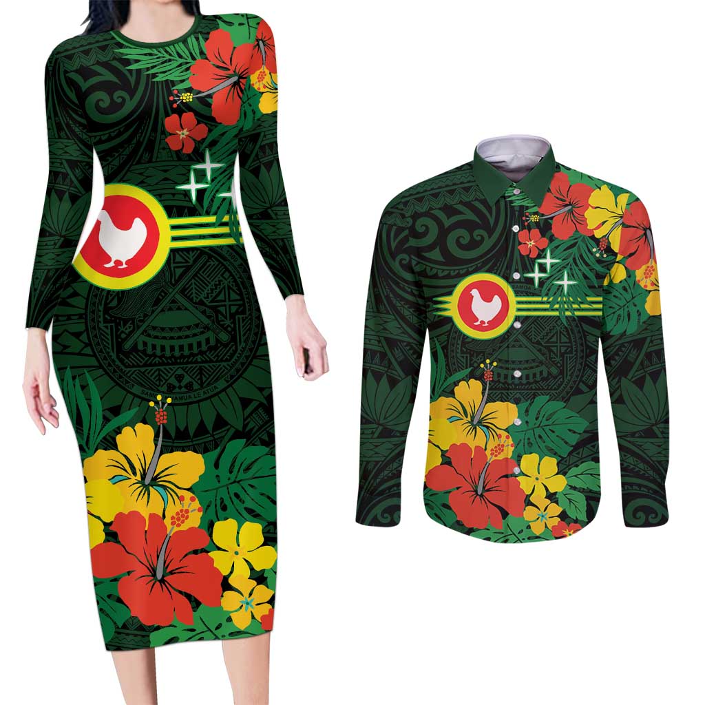 American Samoa Manu'atele Personalized Couples Matching Long Sleeve Bodycon Dress and Long Sleeve Button Shirt Manua Island Hibiscus Flowers LT9 Green - Polynesian Pride