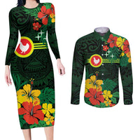 American Samoa Manu'atele Personalized Couples Matching Long Sleeve Bodycon Dress and Long Sleeve Button Shirt Manua Island Hibiscus Flowers LT9 Green - Polynesian Pride