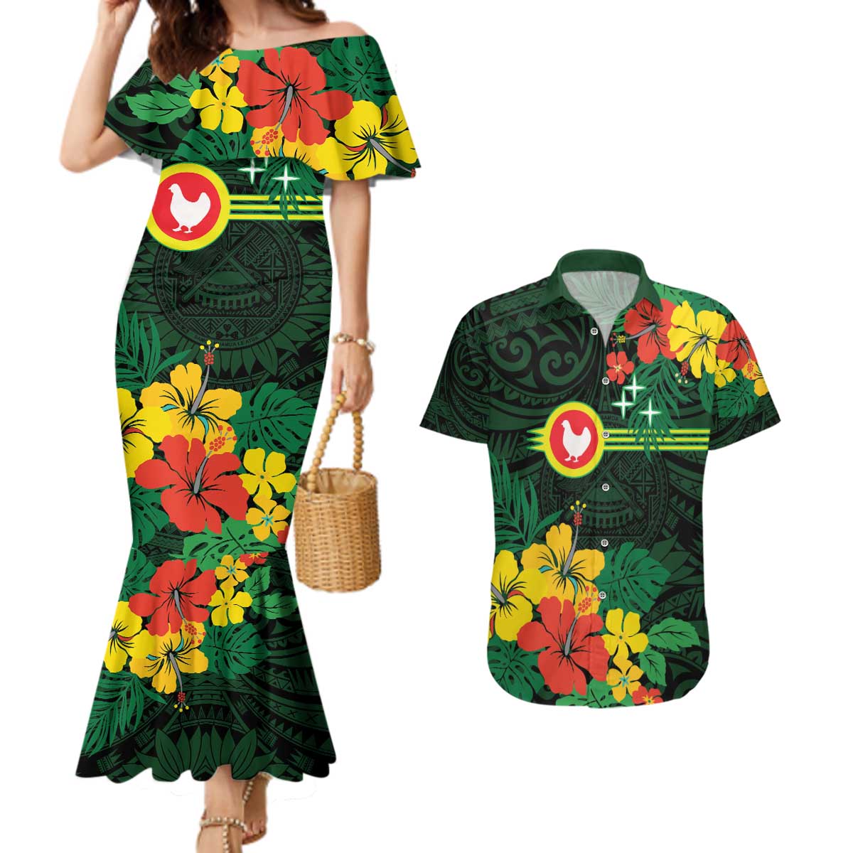 American Samoa Manu'atele Personalized Couples Matching Mermaid Dress and Hawaiian Shirt Manua Island Hibiscus Flowers LT9 Green - Polynesian Pride