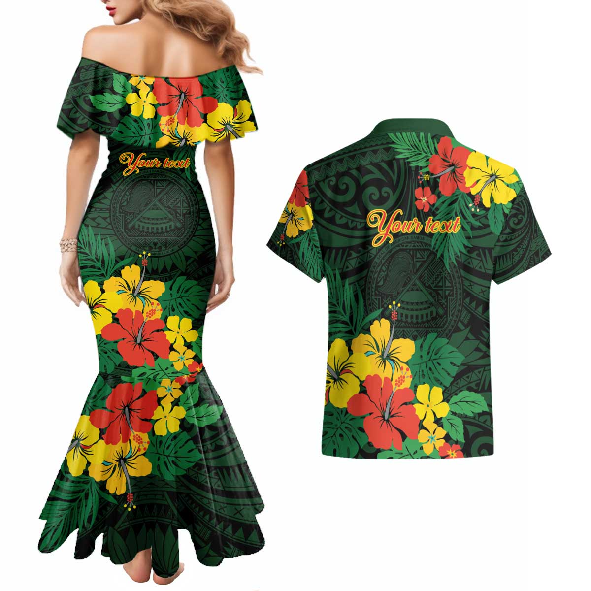 American Samoa Manu'atele Personalized Couples Matching Mermaid Dress and Hawaiian Shirt Manua Island Hibiscus Flowers LT9 - Polynesian Pride
