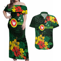 American Samoa Manu'atele Personalized Couples Matching Off Shoulder Maxi Dress and Hawaiian Shirt Manua Island Hibiscus Flowers LT9 Green - Polynesian Pride