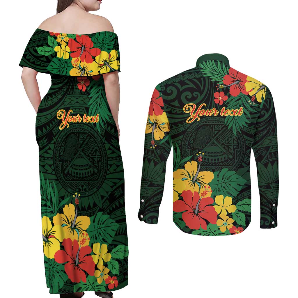 American Samoa Manu'atele Personalized Couples Matching Off Shoulder Maxi Dress and Long Sleeve Button Shirt Manua Island Hibiscus Flowers LT9 - Polynesian Pride
