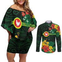 American Samoa Manu'atele Personalized Couples Matching Off Shoulder Short Dress and Long Sleeve Button Shirt Manua Island Hibiscus Flowers LT9 Green - Polynesian Pride