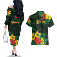American Samoa Manu'atele Personalized Couples Matching Off The Shoulder Long Sleeve Dress and Hawaiian Shirt Manua Island Hibiscus Flowers LT9 - Polynesian Pride