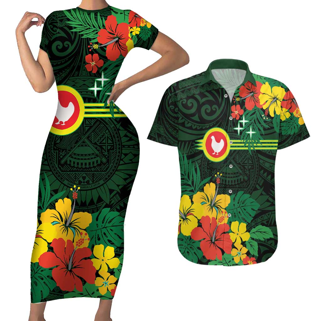 American Samoa Manu'atele Personalized Couples Matching Short Sleeve Bodycon Dress and Hawaiian Shirt Manua Island Hibiscus Flowers LT9 Green - Polynesian Pride