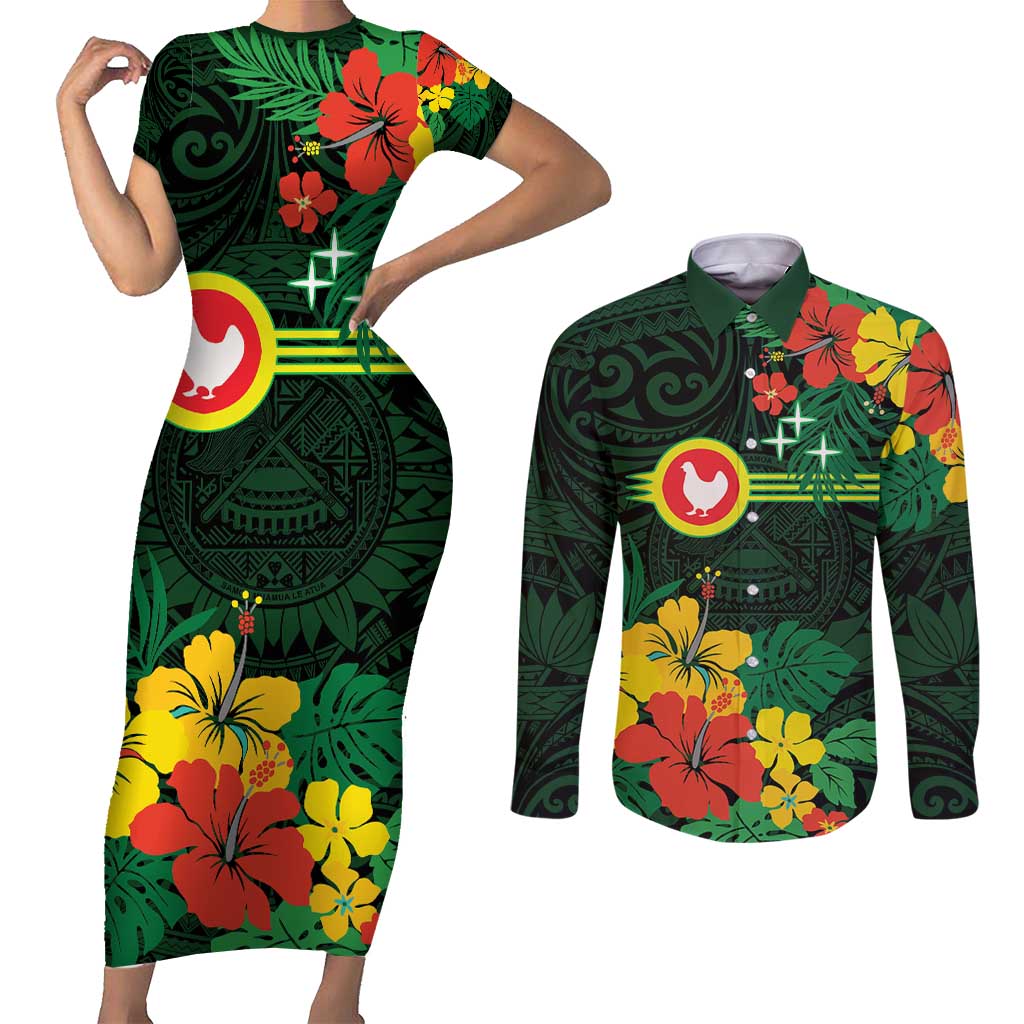 American Samoa Manu'atele Personalized Couples Matching Short Sleeve Bodycon Dress and Long Sleeve Button Shirt Manua Island Hibiscus Flowers LT9 Green - Polynesian Pride
