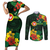 American Samoa Manu'atele Personalized Couples Matching Short Sleeve Bodycon Dress and Long Sleeve Button Shirt Manua Island Hibiscus Flowers LT9 Green - Polynesian Pride