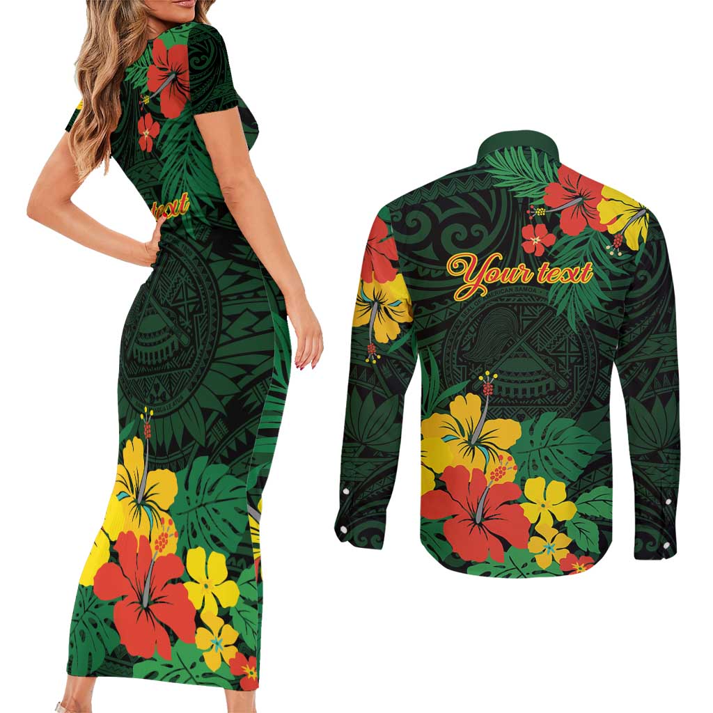 American Samoa Manu'atele Personalized Couples Matching Short Sleeve Bodycon Dress and Long Sleeve Button Shirt Manua Island Hibiscus Flowers LT9 - Polynesian Pride