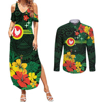 American Samoa Manu'atele Personalized Couples Matching Summer Maxi Dress and Long Sleeve Button Shirt Manua Island Hibiscus Flowers LT9 Green - Polynesian Pride