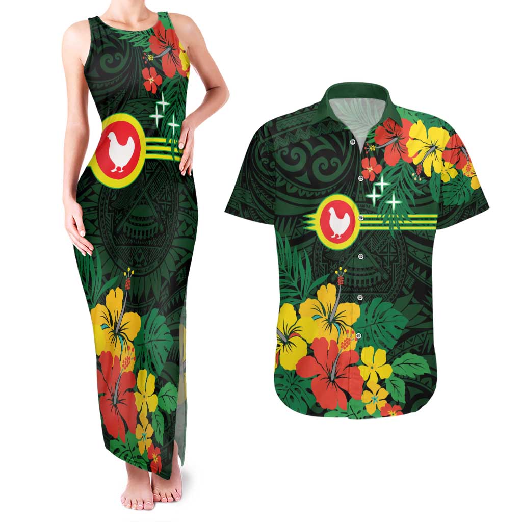 American Samoa Manu'atele Personalized Couples Matching Tank Maxi Dress and Hawaiian Shirt Manua Island Hibiscus Flowers LT9 Green - Polynesian Pride
