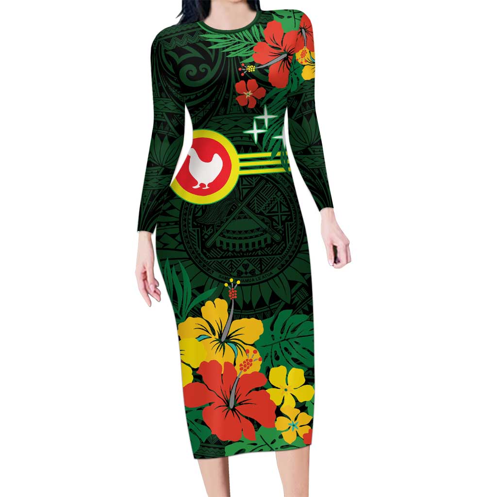 American Samoa Manu'atele Personalized Family Matching Long Sleeve Bodycon Dress and Hawaiian Shirt Manua Island Hibiscus Flowers LT9 Mom's Dress Green - Polynesian Pride