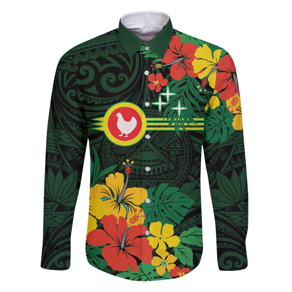 American Samoa Manu'atele Personalized Family Matching Off Shoulder Maxi Dress and Hawaiian Shirt Manua Island Hibiscus Flowers LT9 Dad's Shirt - Long Sleeve Green - Polynesian Pride