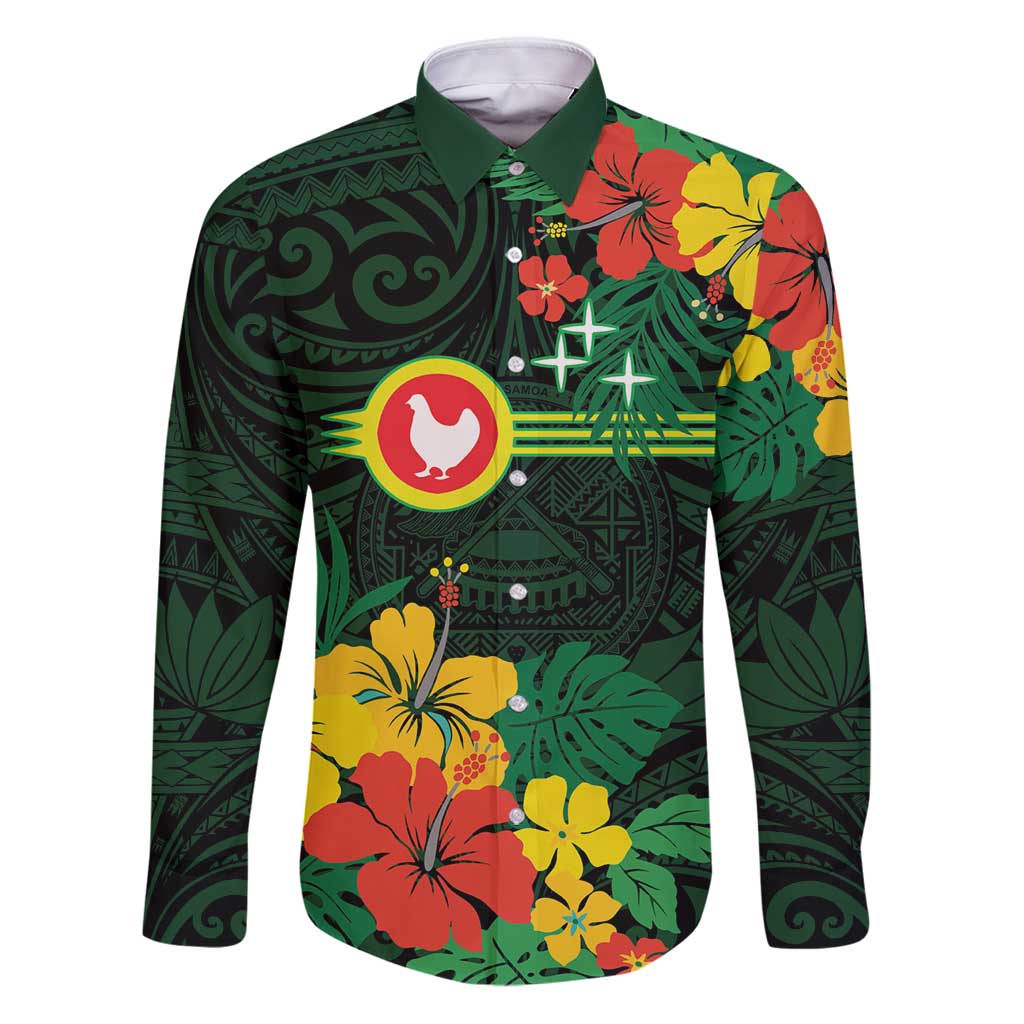 American Samoa Manu'atele Personalized Family Matching Puletasi and Hawaiian Shirt Manua Island Hibiscus Flowers LT9 Dad's Shirt - Long Sleeve Green - Polynesian Pride