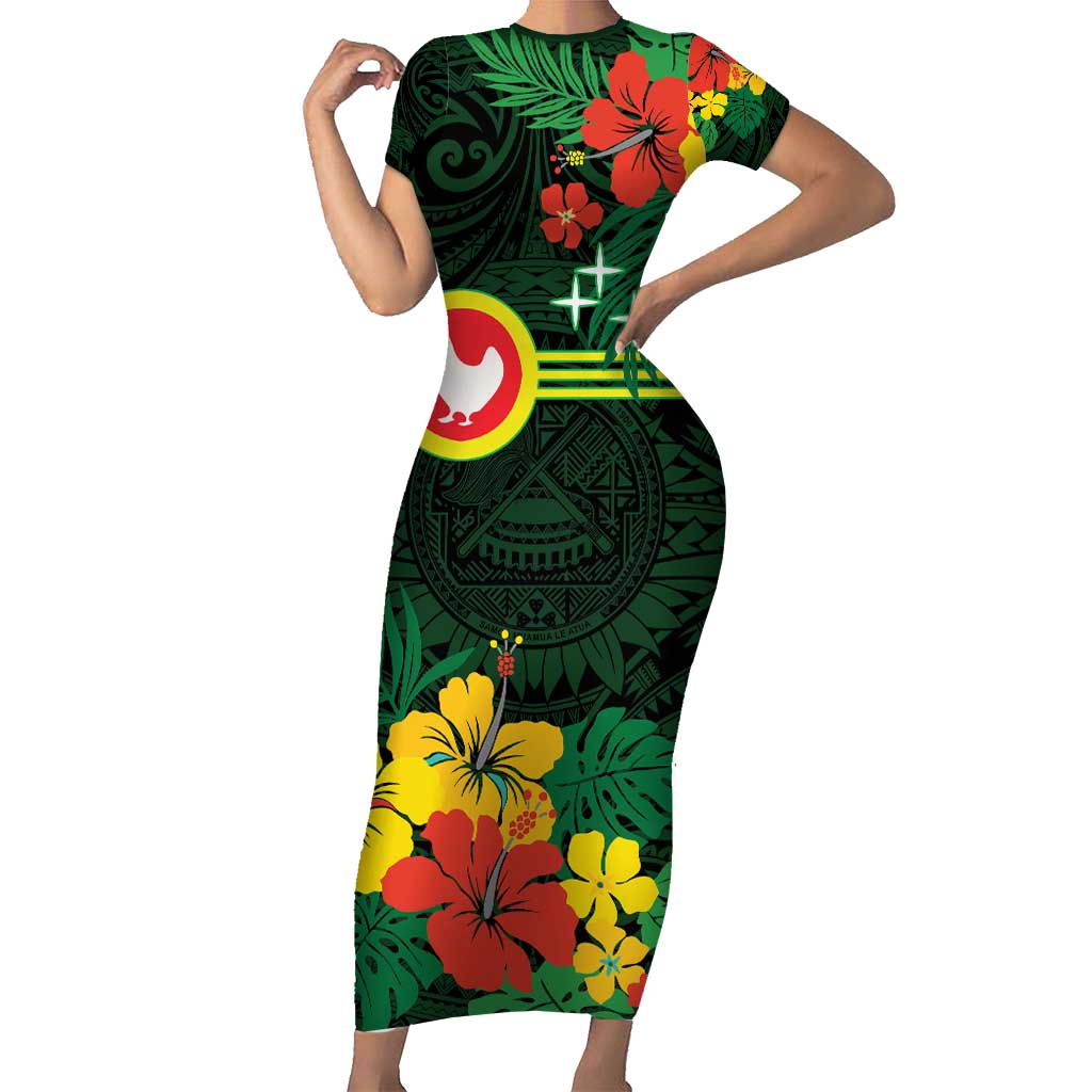 American Samoa Manu'atele Personalized Family Matching Short Sleeve Bodycon Dress and Hawaiian Shirt Manua Island Hibiscus Flowers LT9 Mom's Dress Green - Polynesian Pride