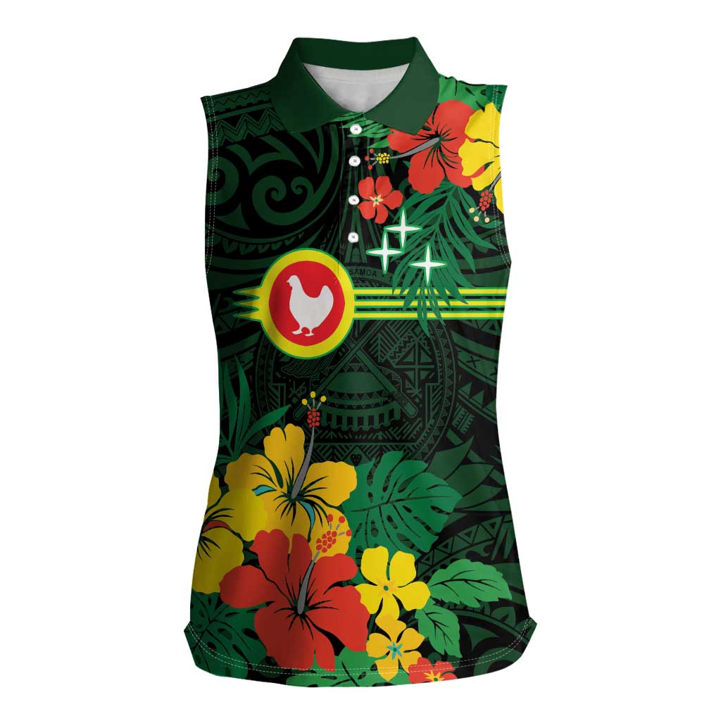 American Samoa Manu'atele Personalized Women Sleeveless Polo Shirt Manua Island Hibiscus Flowers LT9 Female Green - Polynesian Pride