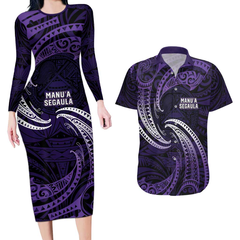 Manua Segaula American Samoa High School Personalized Couples Matching Long Sleeve Bodycon Dress and Hawaiian Shirt Polynesian Wave Style LT9 Purple - Polynesian Pride