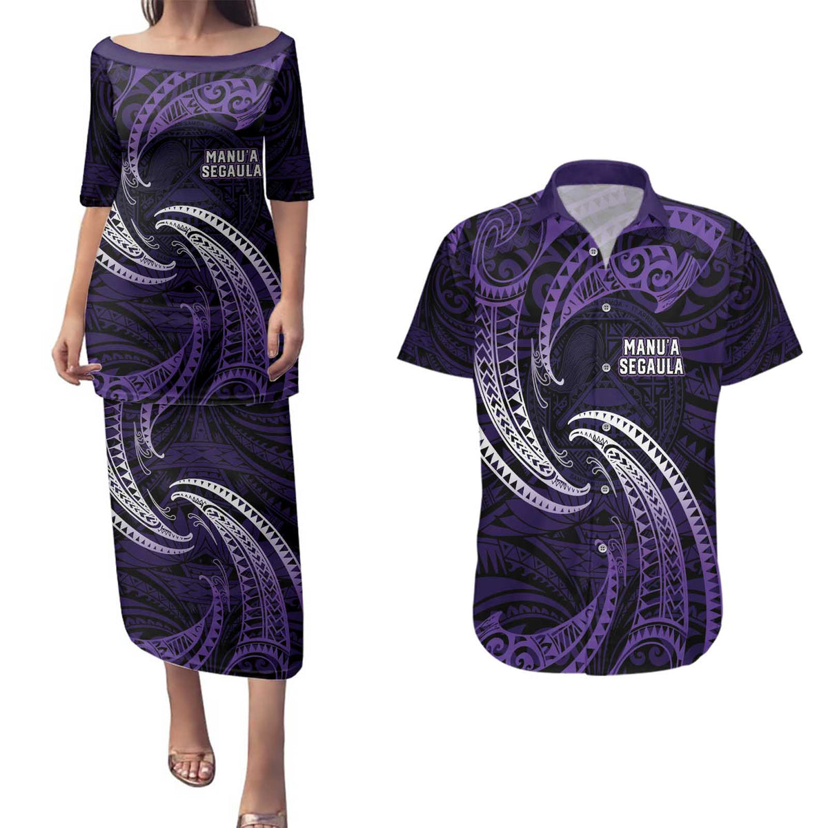 Manua Segaula American Samoa High School Personalized Couples Matching Puletasi and Hawaiian Shirt Polynesian Wave Style