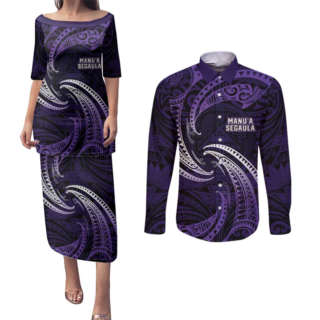 Manua Segaula American Samoa High School Personalized Couples Matching Puletasi and Long Sleeve Button Shirt Polynesian Wave Style