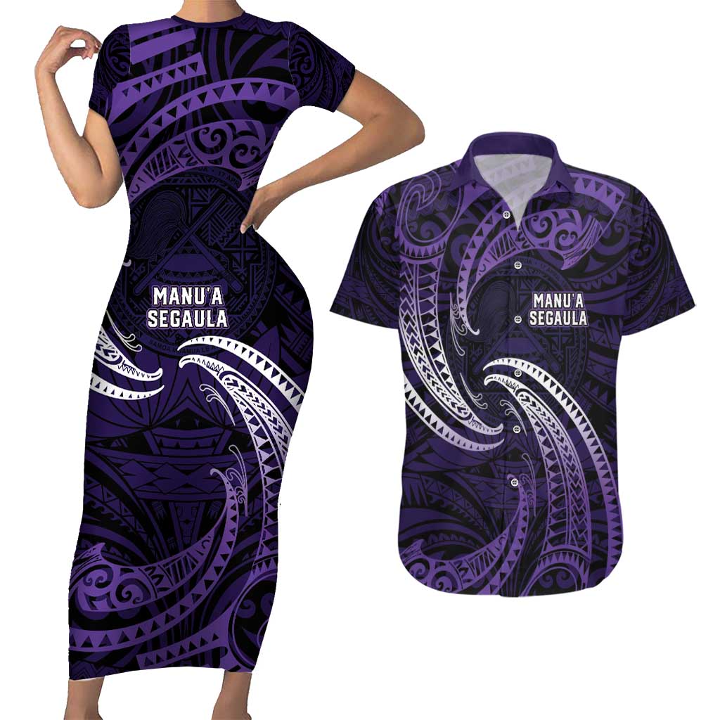 Manua Segaula American Samoa High School Personalized Couples Matching Short Sleeve Bodycon Dress and Hawaiian Shirt Polynesian Wave Style LT9 Purple - Polynesian Pride