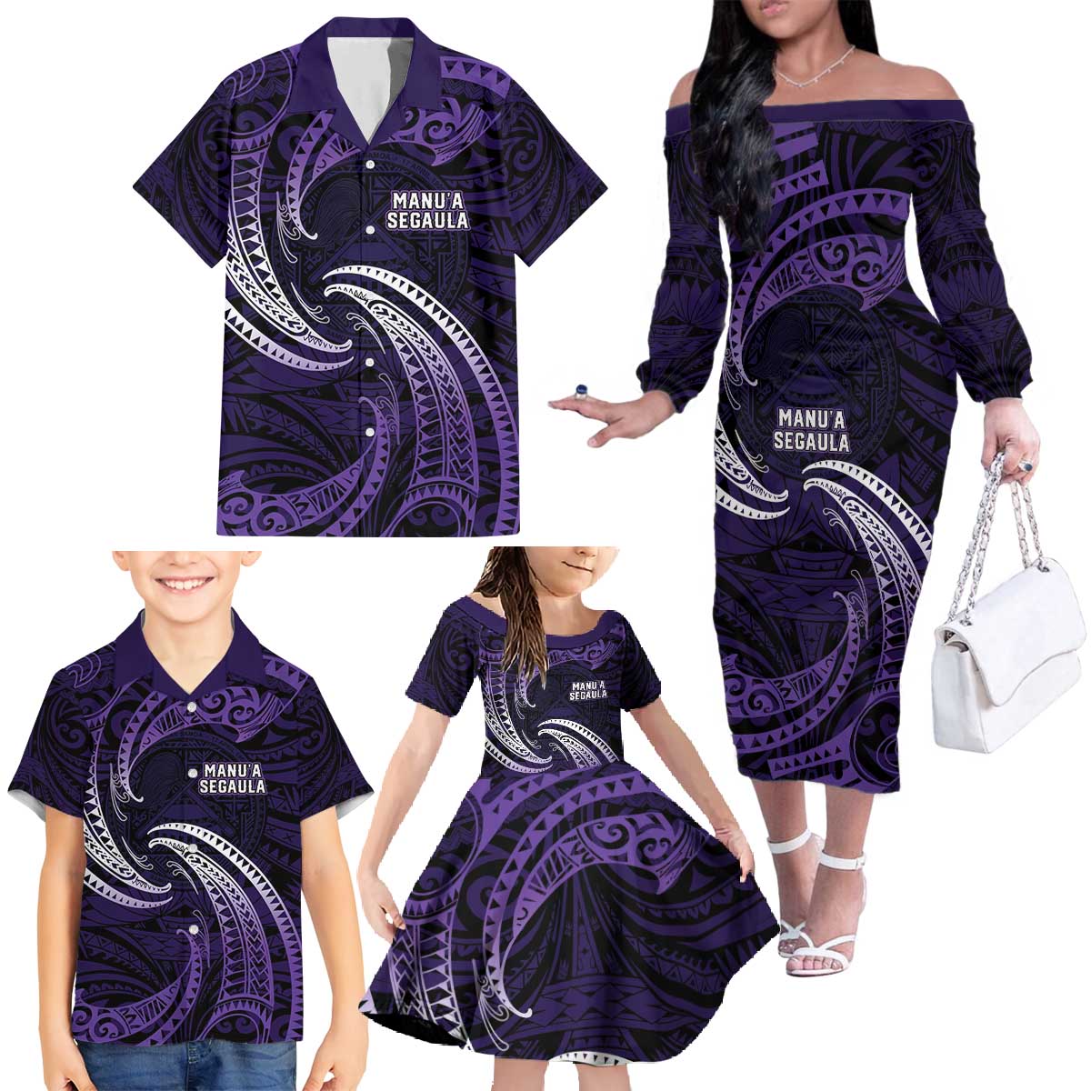 Manua Segaula American Samoa High School Personalized Family Matching Off The Shoulder Long Sleeve Dress and Hawaiian Shirt Polynesian Wave Style LT9 - Polynesian Pride