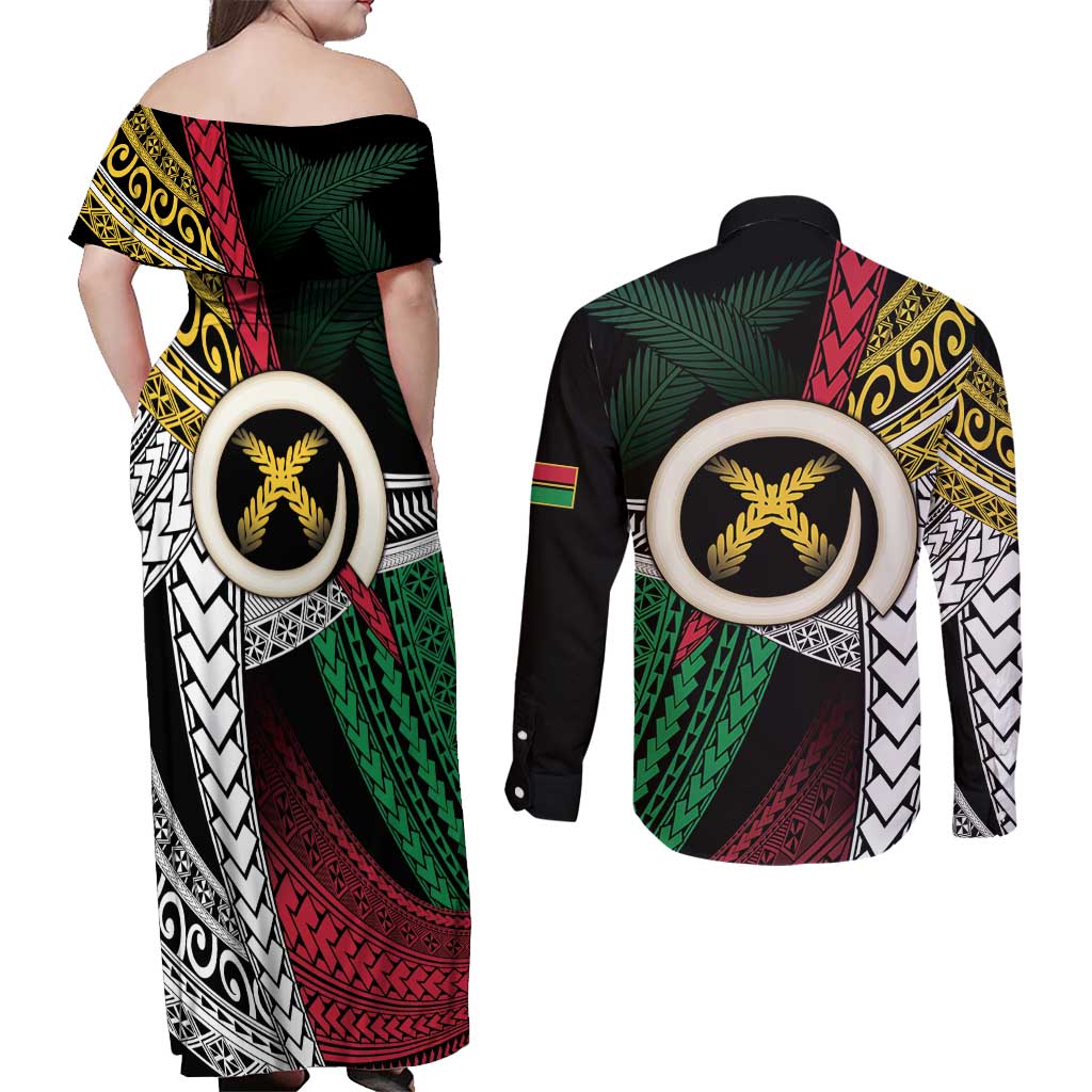 Ni-Van Vanuatu 45th Yumi Yumi Yumi Couples Matching Off Shoulder Maxi Dress and Long Sleeve Button Shirt Vanuatuan Boar Tusk Polynesian Pattern LT9 - Polynesian Pride