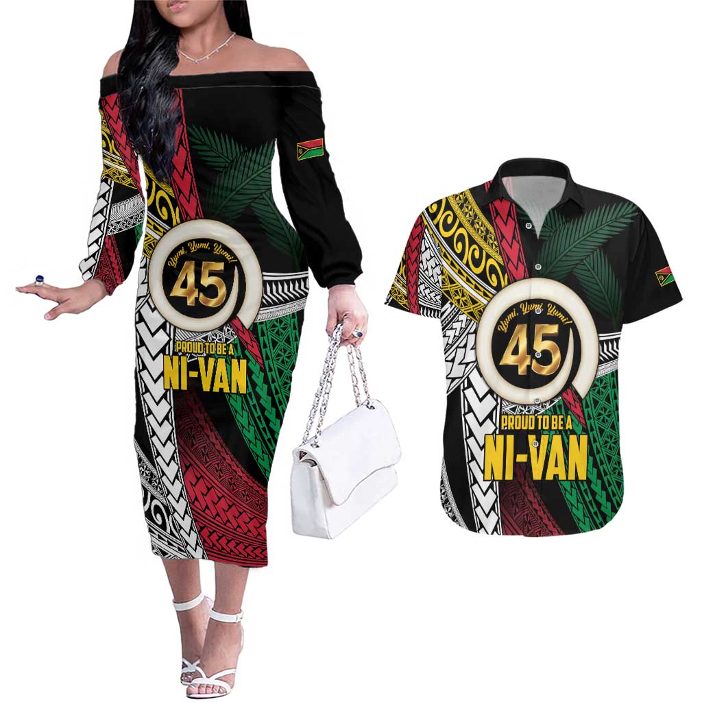 Ni-Van Vanuatu 45th Yumi Yumi Yumi Couples Matching Off The Shoulder Long Sleeve Dress and Hawaiian Shirt Vanuatuan Boar Tusk Polynesian Pattern LT9 Black - Polynesian Pride