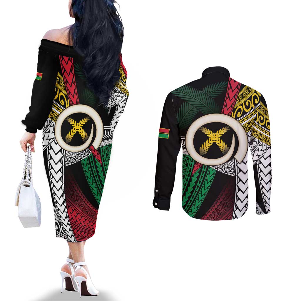 Ni-Van Vanuatu 45th Yumi Yumi Yumi Couples Matching Off The Shoulder Long Sleeve Dress and Long Sleeve Button Shirt Vanuatuan Boar Tusk Polynesian Pattern LT9 - Polynesian Pride